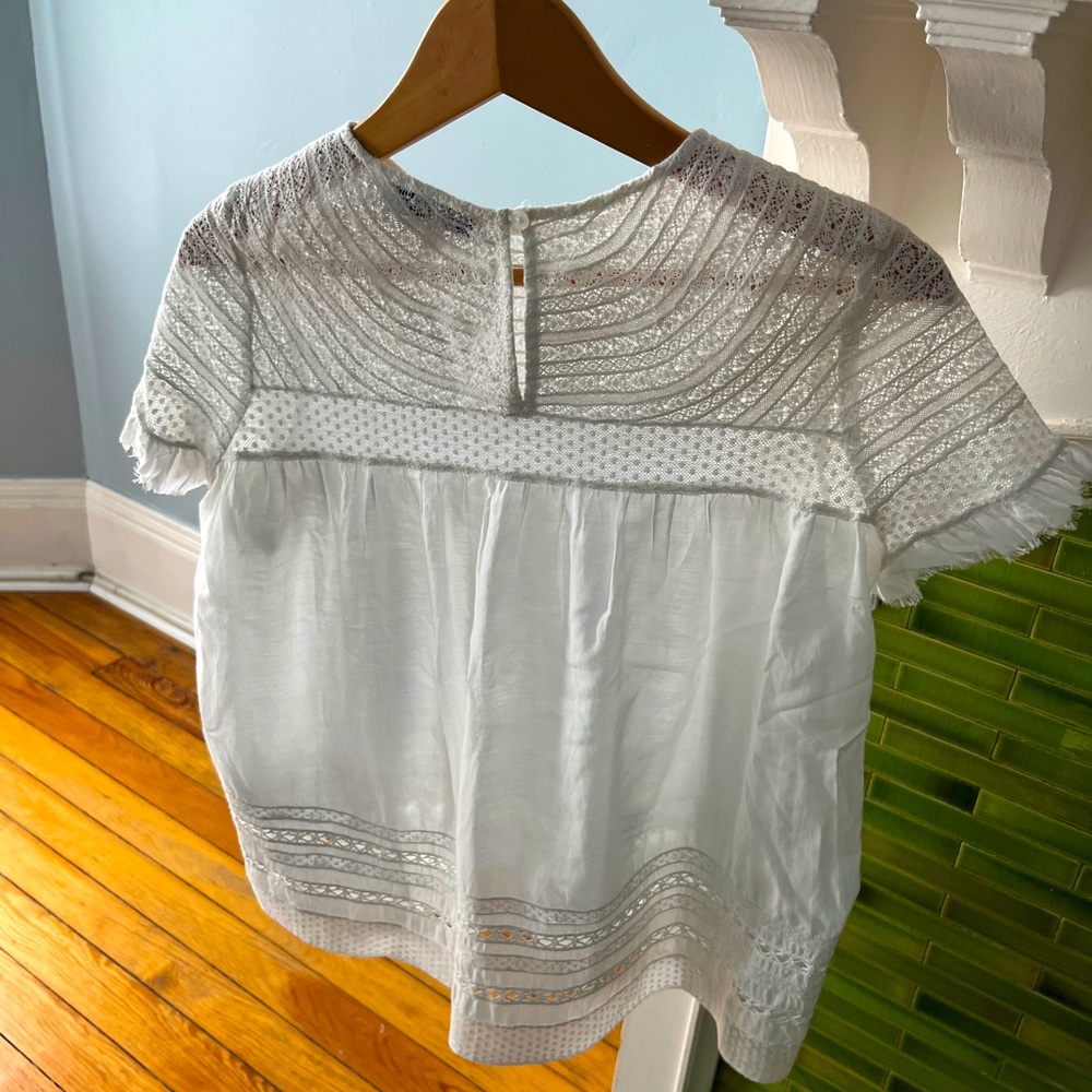 SEA NY Lace Crochet White Cotton Viscose Blouse Short Sleeve Top US 2 S